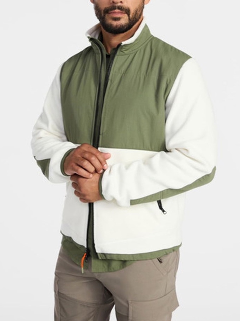 Ozark Trail Men's Olive Green and Cream Zip-Front Mixed Media Jacket - Size: Med